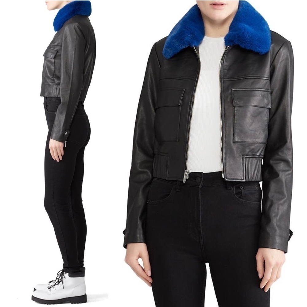 VEDA Lamb Leather Faux Fur Collar Cropped Y2K Penny Lane Biker Bomber Jacket L‎ - Picture 2 of 13